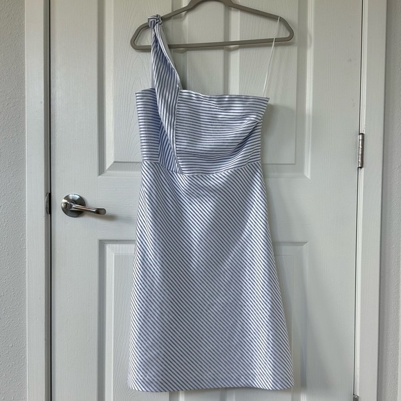 NEW Banana Republic Blue Stripe Asymmetrical One-Shoulder Fit and Flare Dress - Picture 3 of 9
